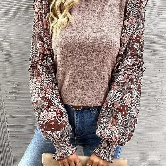 Coffee Brown Casual Womens Floral Print Lantern Sleeve Ruffle Trim Top - Picture 3 of 5